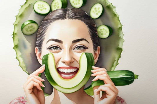 funny woman with cucumber slices wonders how to get rid of eye bags